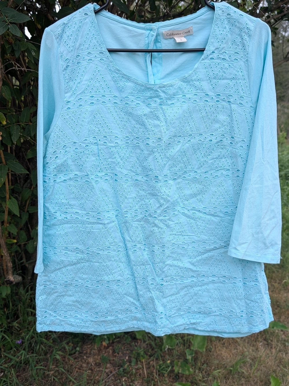 Coldwater Creek Light Aqua Eyelet Scoop-Neck Long Sleeve Top
